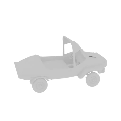Modelo 3D de um buggy de praia retrô descapotável branco com rodas expostas e um pequeno para-brisa, visto de lado.