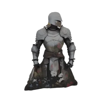 3D model of a knight in tarnished silver armor, kneeling with a dark skirt featuring white and red floral patterns.