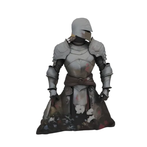 3D model of a knight in tarnished silver armor, kneeling with a dark skirt featuring white and red floral patterns.