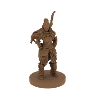 3D-Modell-Render einer Stammesjäger-Miniatur mit Bogen, Pelzrüstung und auf einem runden Sockel stehend.