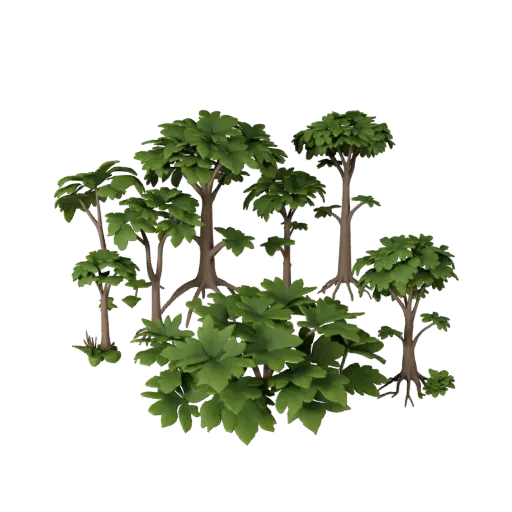 Fantasy Glowing Plant Set 3D model, stylized isometric environment render, showing leaf clusters, terrain detail.