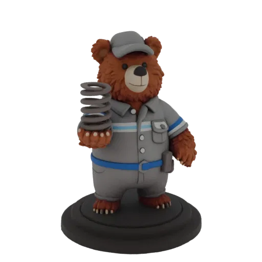 3D model of a cartoon bear wearing a mechanic's uniform and cap, holding a metal spring.