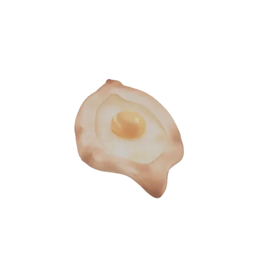3D model of a golden-brown Khachapuri, a Georgian cheese bread, with a bright yellow egg yolk in the center, on a white backg