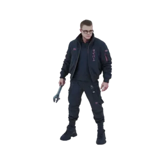 Modelo 3D de un mecánico cyberpunk vistiendo chaqueta bomber y pantalones cargo, sosteniendo una llave inglesa, con detalles