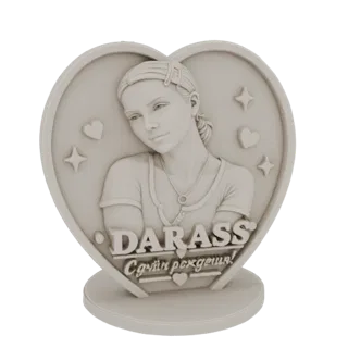 3D model of a heart-shaped relief portrait of a young woman named Darass with 'Happy Birthday!' inscription, on a display bas