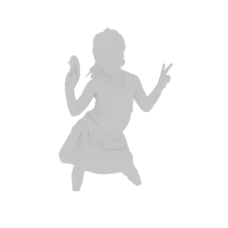 3D model of a young girl dancing, holding a tambourine in one hand and making a peace sign with the other.