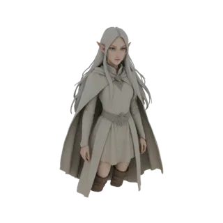 3D model of an elegant elf sorceress with long silver hair, wearing a light-colored robe and a decorative belt, with a serene