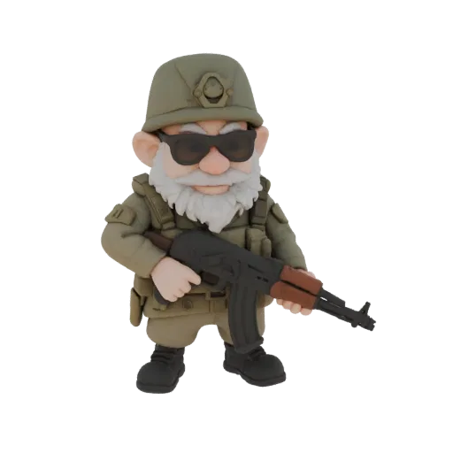 3D model of soldier gnome in military uniform, with AK-47 and sunglasses