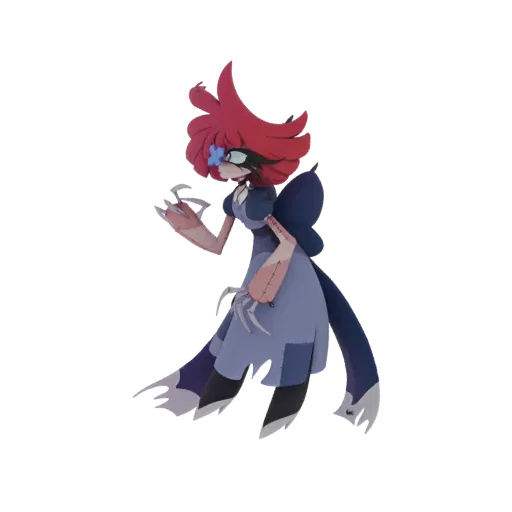 3D model of a creepy doll character with red hair, a blue flower, and stitched details, shown in a side profile.
