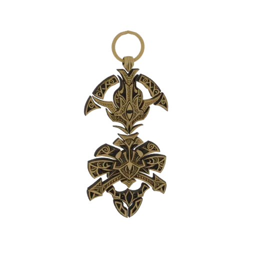 Modèle 3D d'un pendentif tribal "Éclat Solaire" conçu comme un porte-clés, avec des motifs géométriques complexes et un motif
