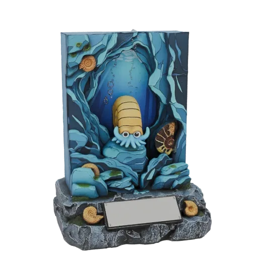 3D model of a whimsical underwater cave diorama featuring ammonite fossils and a cute cephalopod character.