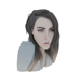 3D-Modell-Render einer stilisierten Frau mit blauen Augen, dunkelblondem Farbverlauf-Haar und einem hellblauen Oberteil, seit