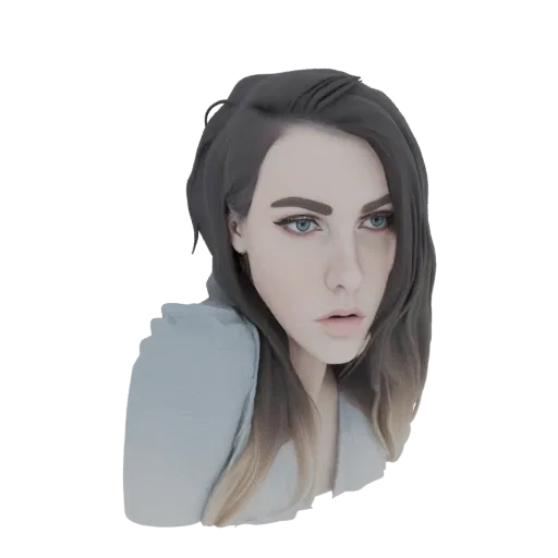 3D model render of a stylized woman with blue eyes, dark to blonde gradient hair, and a light blue textured top, looking to t