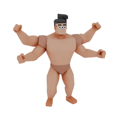 Low-poly 3D model of a four-armed muscular man with three eyes and a ponytail, standing in a tense pose.