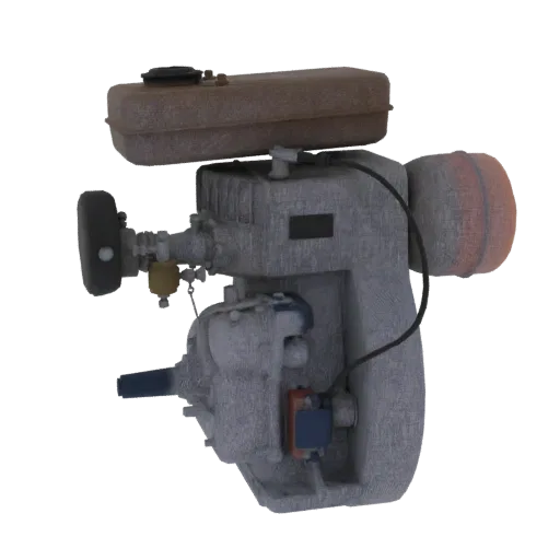 A detailed 3D model of a vintage engine with a weathered, rusty texture, set against a black background.