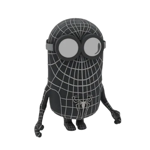 3D model of a Minion character wearing the black Spider-Man Symbiote suit, featuring white web patterns and the spider emblem