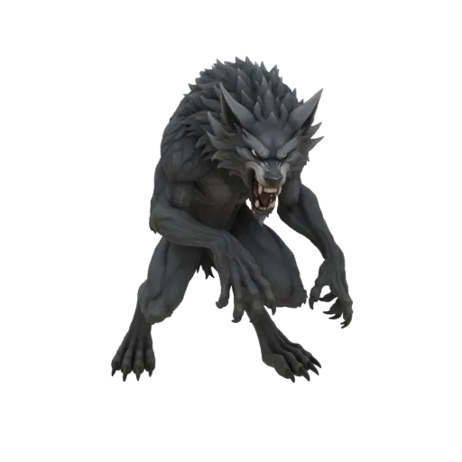 Modelo 3D de una criatura hombre lobo gris en pose agachada y agresiva con la boca abierta y las garras extendidas.