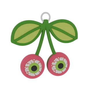 Modelo 3D de um pingente de cereja assustadora com dois olhos em vez de cerejas, folhas verdes e um laço para pendurar.