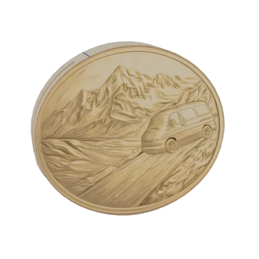 3D model of a vintage camper van driving on a mountain road, depicted as a relief coin with detailed mountain scenery.