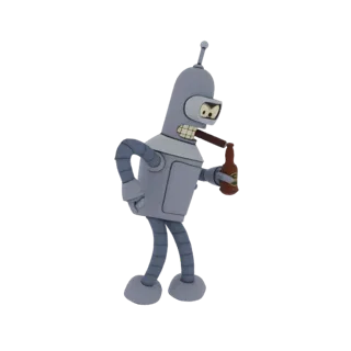 3D-Modell von Bender Rodriguez aus Futurama, ein grauer Roboter mit einer Zigarre im Mund und einer Bierflasche in der Hand.