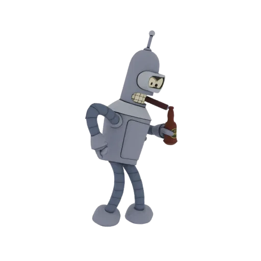 3D model of Bender Rodriguez from Futurama, a grey robot with a cigar in his mouth and a beer bottle in his hand.