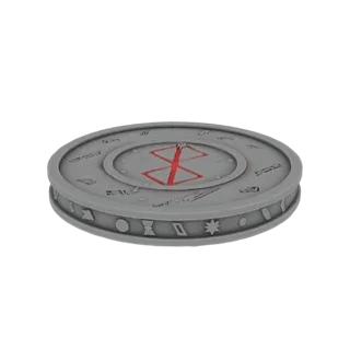 Modello 3D della moneta Marchio del Sacrificio di Berserk, con un simbolo rosso centrale e rune incise sul bordo.