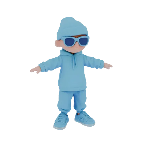 Modelo 3D de criança estilizada com moletom azul, gorro e óculos de sol, em pé com os braços estendidos.