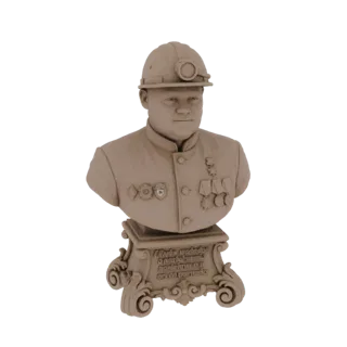 Render del modello 3D di un busto di minatore con elmo e medaglie, montato su una base incisa.