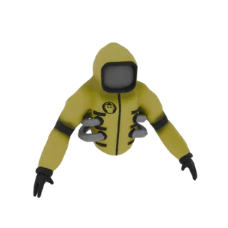 Modelo 3D de un traje hazmat amarillo con un respirador oscuro integrado y accesorios metálicos en los brazos, sobre un fondo