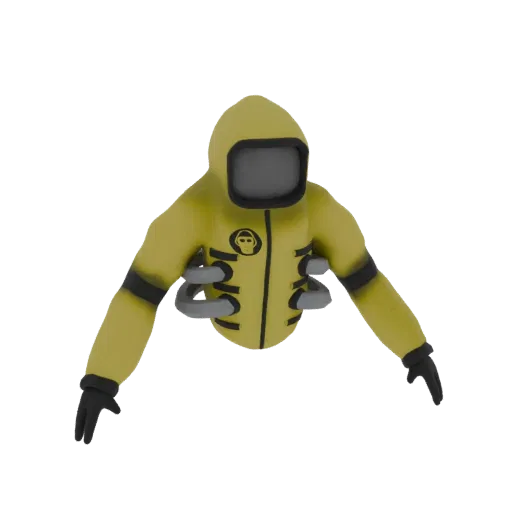 3D model of a yellow hazmat suit with a dark integrated respirator and metallic arm attachments, against a white background.