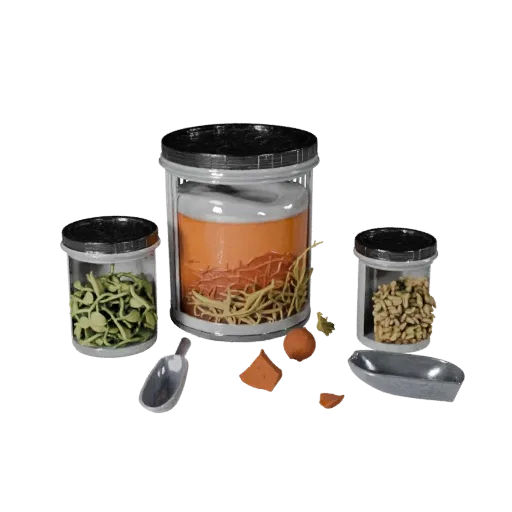 Fresh Herb Spice Jars Printable 3D model, isometric STL render, showing powders, small ingredient shapes.
