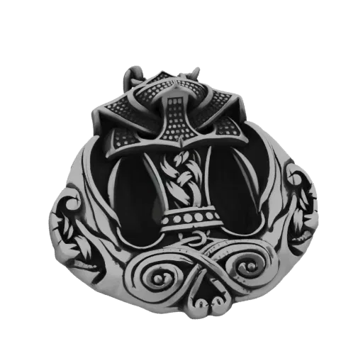 3D model render of Thor's Hammer pendant, Mjolnir, featuring intricate Norse knotwork and a regal design, presented on a whit