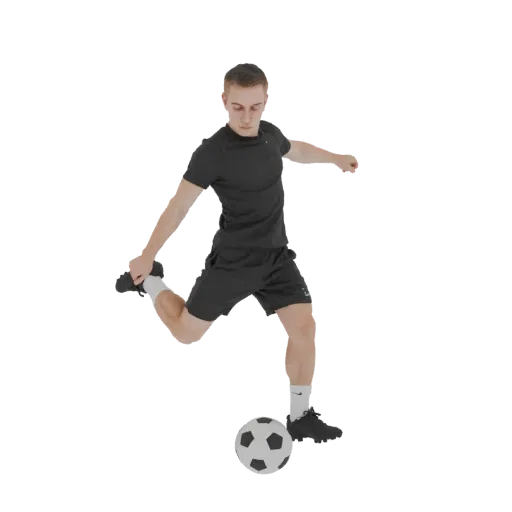 3D model of a male soccer player in a black uniform, captured mid-kick with a soccer ball at his feet.