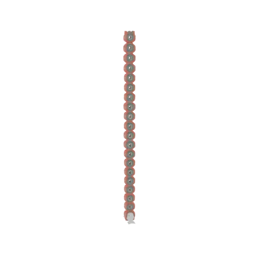 3D-Modell einer vertikalen Kette mit achteckigen Gliedern und kleinen roten Akzenten, vor schwarzem Hintergrund gerendert.