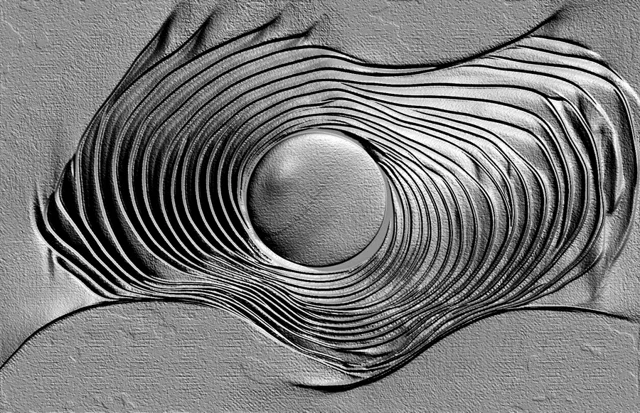Modelo 3D de bajorrelieve abstracto con patrón circular, que recuerda a un vórtice o una flor que se abre