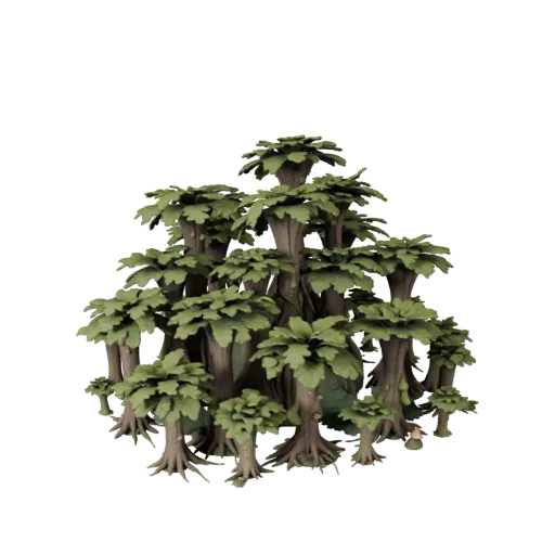 Alien Mushroom Grove Unreal Engine 3D model, top-down viewport view, showing leaf clusters, layered vegetation clusters.