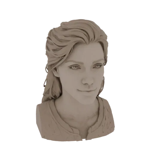 3D model render of a stylized female bust with flowing hair and a serene expression.