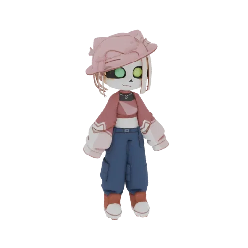 3D model of a Gacha-style skeleton character wearing a pink cat-ear hat, a pink cropped jacket, and blue baggy pants.