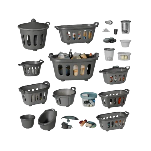 Cluttered Laundry Basket Stylized 3D model, stylized isometric render, showing ceramic, recognizable everyday shapes.