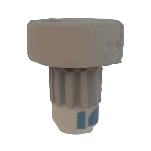 Modèle 3D de bouchon de dentifrice blanc avec cannelures verticales et marques bleues sur la partie inférieure, sur fond noir