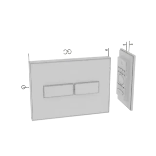3D model of a modern flush plate with two rectangular buttons and a side control panel, presented on a black background.