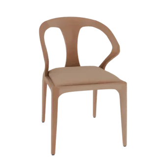 A 3D model of a modern armchair with a curved light wood frame and a beige upholstered seat, shown from a front-three-quarter