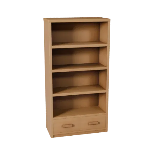 Wall Mounted Bookshelf Low Poly 3D model, dining room, game viewport three-quarter view, painted wood detail.