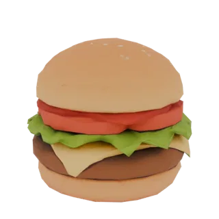 Ein 3D-Render eines stilisierten Hamburgers mit Brötchen, Patty, Käse, Salat und Tomate vor schwarzem Hintergrund.