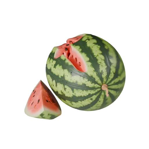 Modelo 3D de alta poligonalidad de Sandía, render de estudio en primer plano, mostrando poros de la piel, formas reconocibles de la fruta.