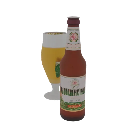 3D model of a frosted beer bottle next to a glass filled with golden beer and frothy head