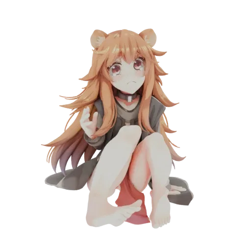 Modelo 3D de uma garota guaxinim chibi fofa com olhos e orelhas grandes, sentada com uma mão levantada.