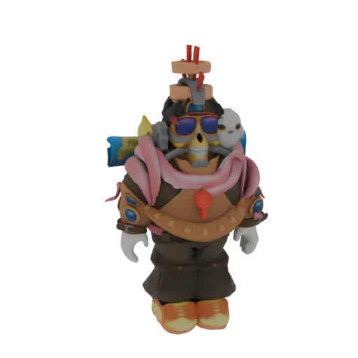 3D model of a Steampunk Skeleton Explorer wearing goggles, a pink scarf, and a backpack, with intricate mechanical details.