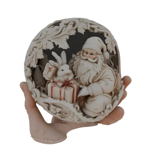 3D model of Santa Claus kneeling with a rabbit and gifts, enclosed in an ornate, carved frame, held in a hand.