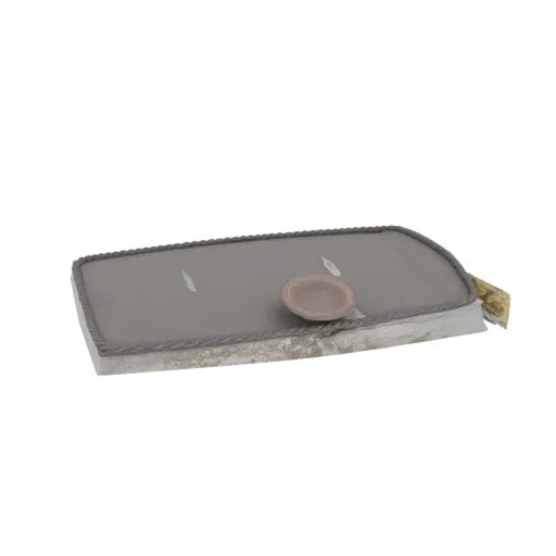 3D model of a rectangular tray with a textured rope border, a small pinkish-brown bowl in the center, and two white feather a